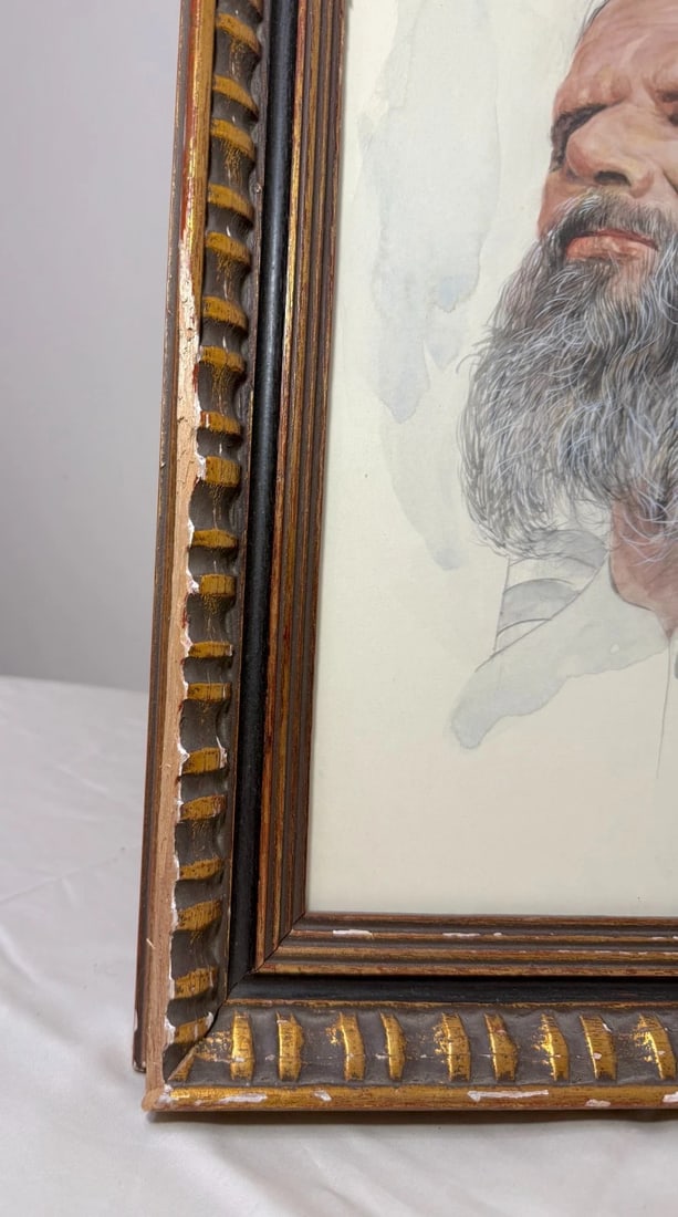 Vintage Original Sol Schreibman Jewish Rabbi Man Watercolor Painting Portrait - 12