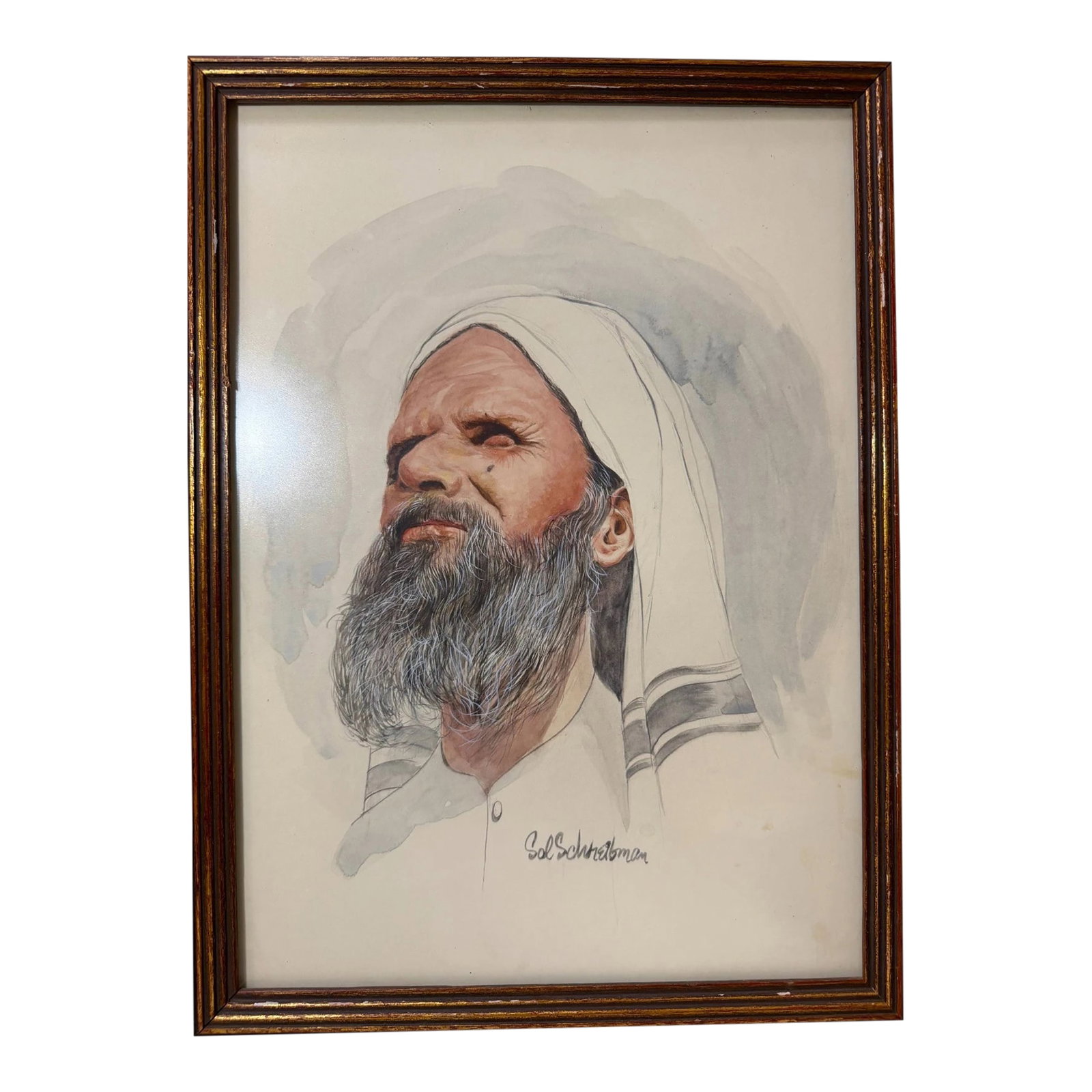 Vintage Original Sol Schreibman Jewish Rabbi Man Watercolor Painting Portrait: This vintage original Sol Schreibman watercolor portrait depicts a Judaica Rabbi portrait of a man. The painting is signed by the artist on the bottom of the image and features a hypo-realistic style