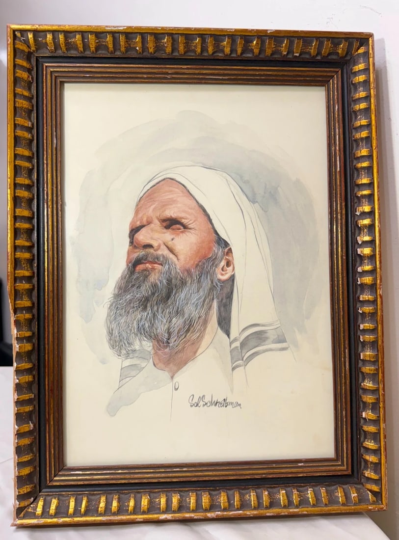 Vintage Original Sol Schreibman Jewish Rabbi Man Watercolor Painting Portrait - 2