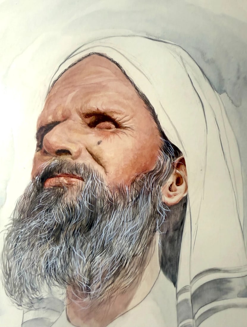 Vintage Original Sol Schreibman Jewish Rabbi Man Watercolor Painting Portrait - 3
