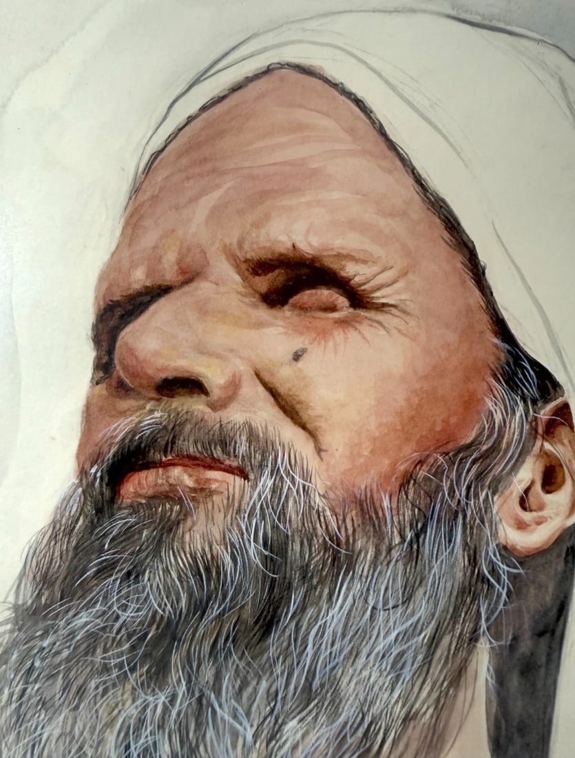 Vintage Original Sol Schreibman Jewish Rabbi Man Watercolor Painting Portrait - 6