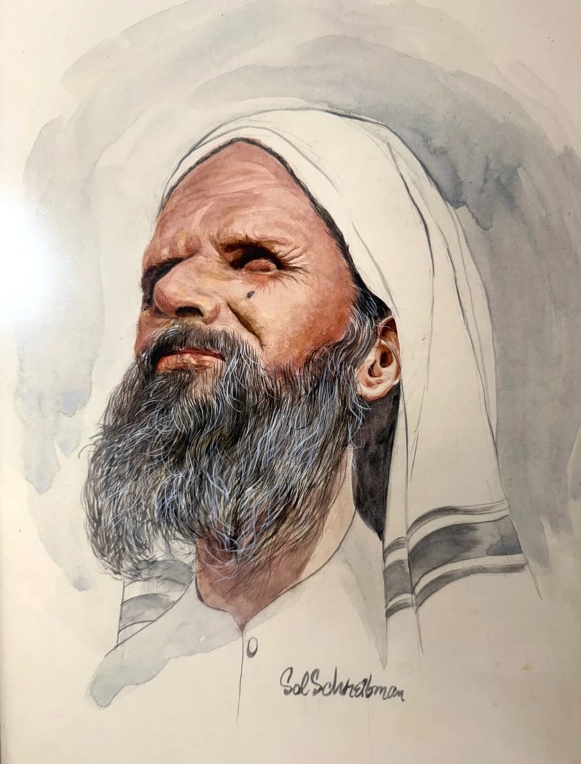 Vintage Original Sol Schreibman Jewish Rabbi Man Watercolor Painting Portrait - 8