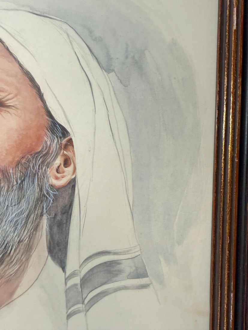 Vintage Original Sol Schreibman Jewish Rabbi Man Watercolor Painting Portrait - 9