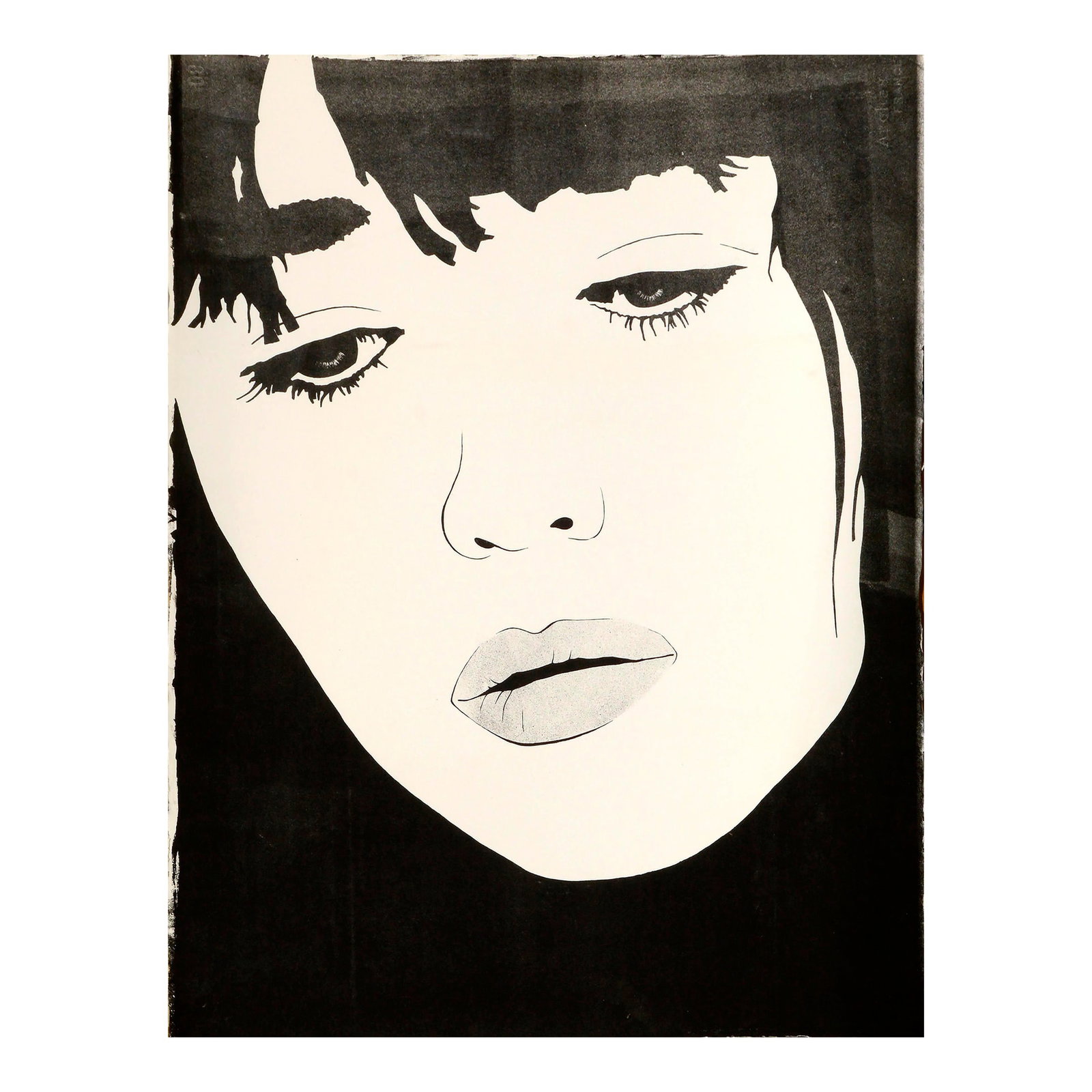Pop Art Portrait of Kate Moss, Black & White Screen Print by Marc Foster Grant: Pop Art style portrait of a woman with a likeness to Kate Moss by Marc Foster Grant (American, 20th Century). Unsigned, from a collection of his work. Unframed. Marc Foster Grant (American, b. 1947) i