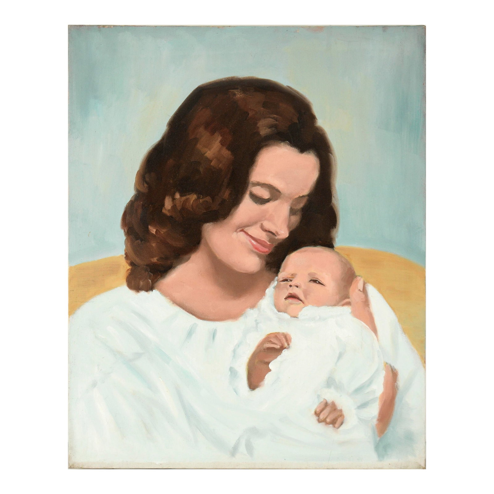 Portrait of a Woman and Infant in White by Cindy Gin: Portrait of a Woman and Infant in White - Oil on Canvas Natalie Wood Elegant portrait of a woman and her newborn child (*Natalie Wood and Natasha) by Cindy Gin (Cindy Lin) (American, 20th Century). A