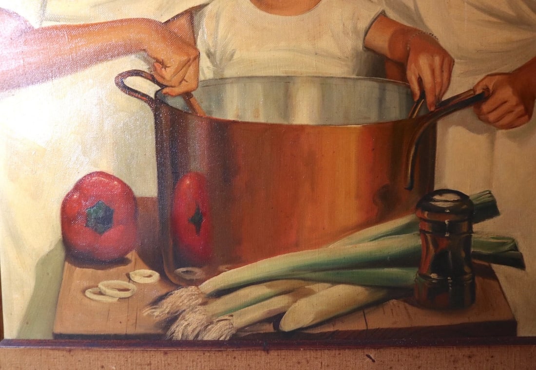 Large Vintage 1965 Ted Weiss Chef Children Cooking Culinary Canvas Oil Painting - 11