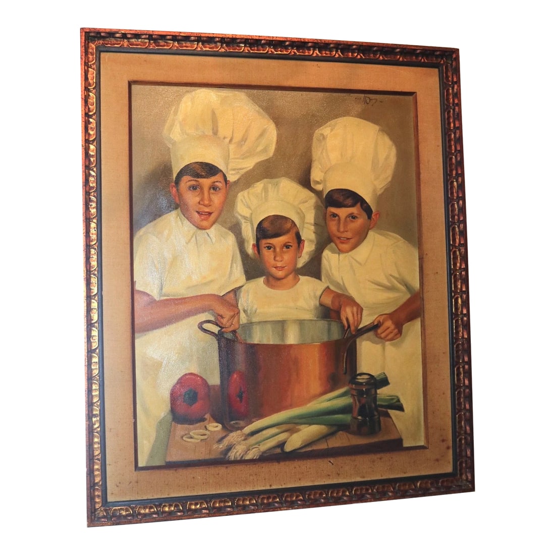 Large Vintage 1965 Ted Weiss Chef Children Cooking Culinary Canvas Oil Painting: Up for sale is a very large vintage original Ted Weiss figural oil painting on canvas. It's painted with a realistic approach depicting three young chefs holding a large freshly cooked soup in a