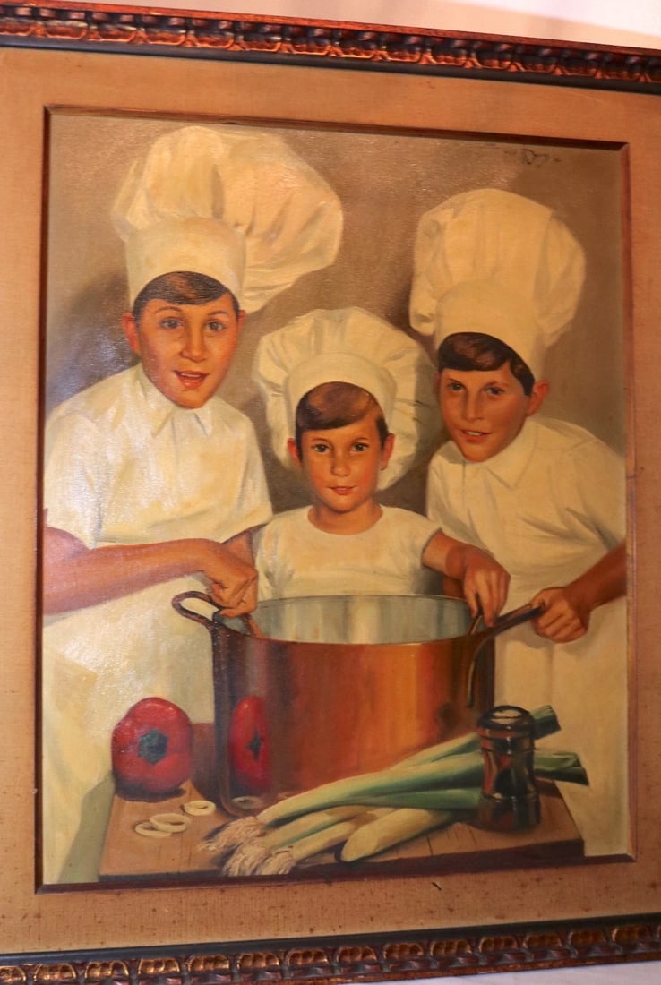 Large Vintage 1965 Ted Weiss Chef Children Cooking Culinary Canvas Oil Painting - 2