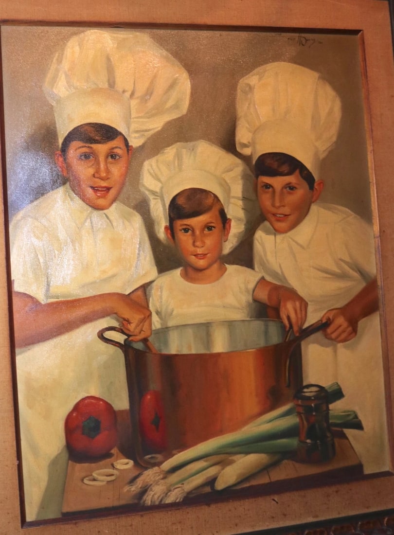 Large Vintage 1965 Ted Weiss Chef Children Cooking Culinary Canvas Oil Painting - 3