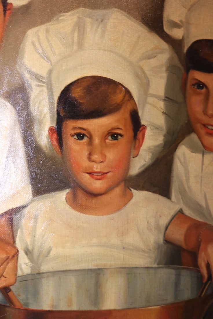 Large Vintage 1965 Ted Weiss Chef Children Cooking Culinary Canvas Oil Painting - 5