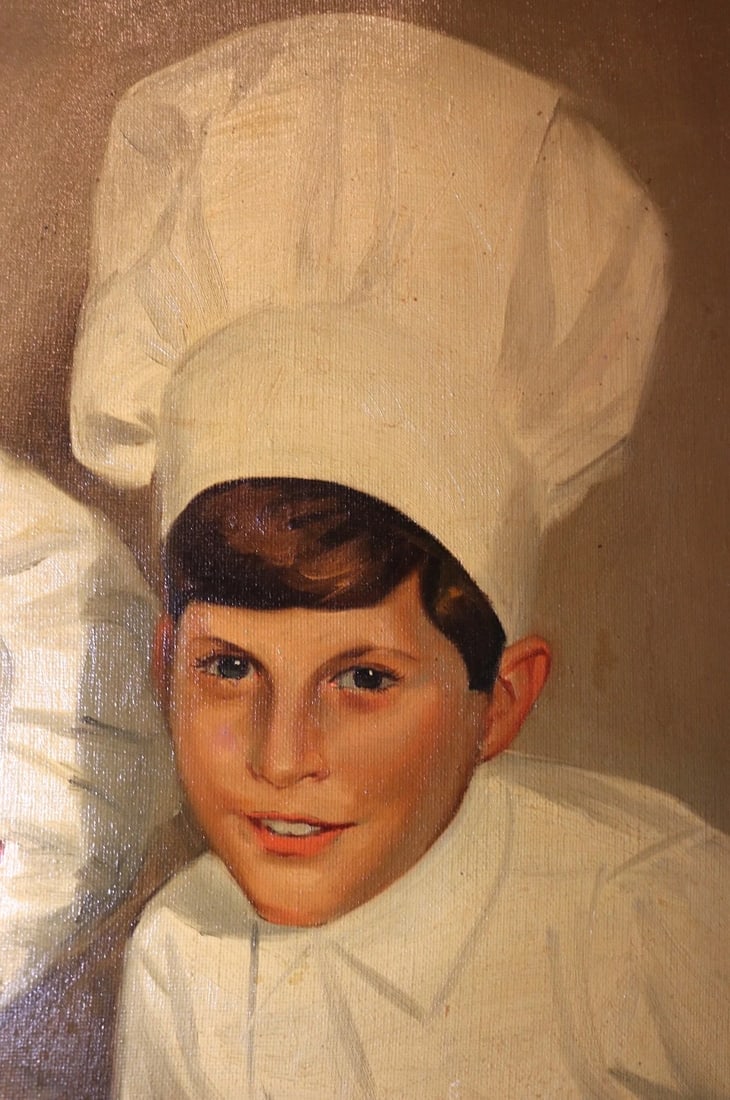 Large Vintage 1965 Ted Weiss Chef Children Cooking Culinary Canvas Oil Painting - 6