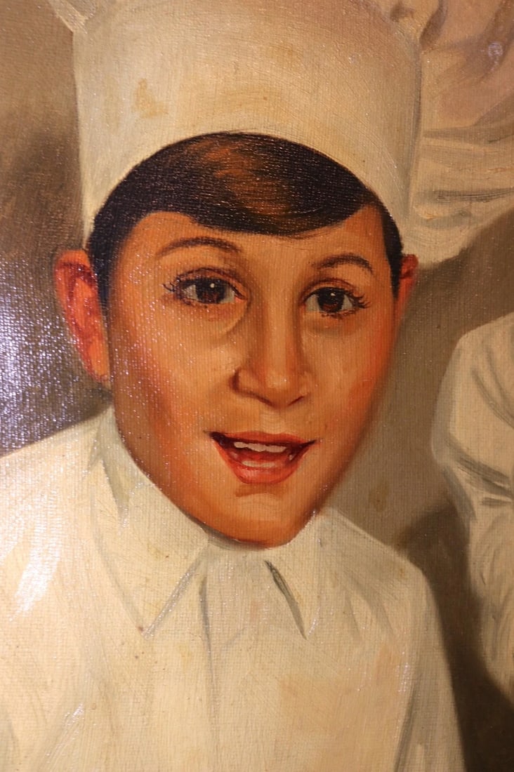 Large Vintage 1965 Ted Weiss Chef Children Cooking Culinary Canvas Oil Painting - 7