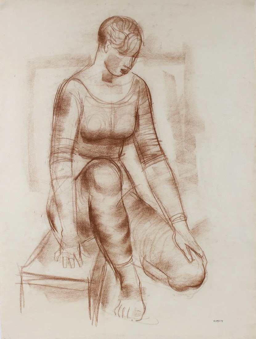 Sepia Seated Woman Early-Mid Century Pastel: This early-mid 20th century pastel on paper seated woman is by California artist Forrest Hibbits (1905-1996). Hibbits graduated from the California College of Arts and Crafts. He exhibited at SFMOMA,