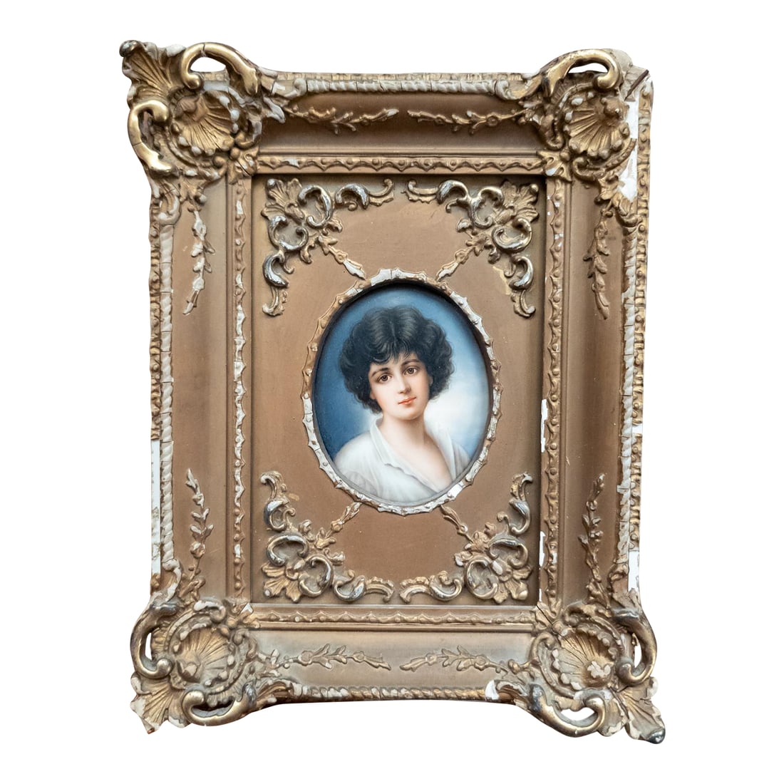 19th Century German Painted Porcelain Plaque Portrait of a Young Boy in Distressed Gold Frame: We are selling this nice little German Dresden porcelain plaque painted with the portrait of a young boy. The plaque is housed in a wood and plaster frame with heavy losses. The plaque is marked