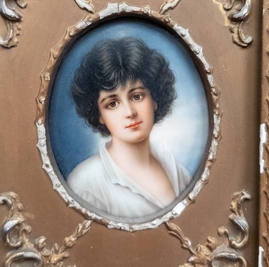 19th Century German Painted Porcelain Plaque Portrait of a Young Boy in Distressed Gold Frame - 2