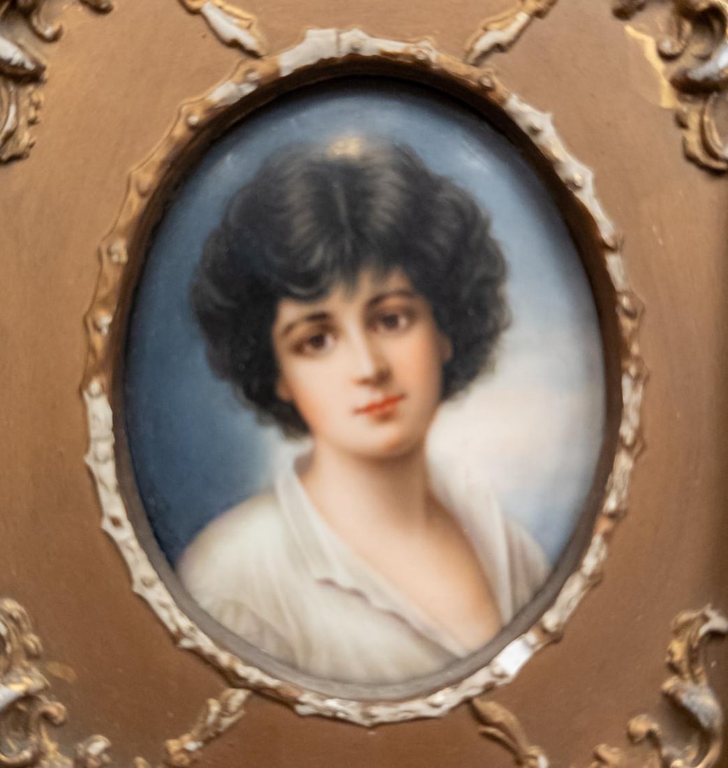 19th Century German Painted Porcelain Plaque Portrait of a Young Boy in Distressed Gold Frame - 3