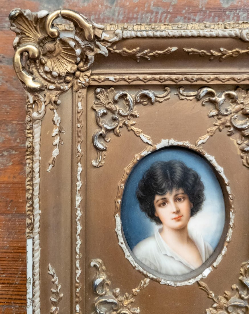 19th Century German Painted Porcelain Plaque Portrait of a Young Boy in Distressed Gold Frame - 4