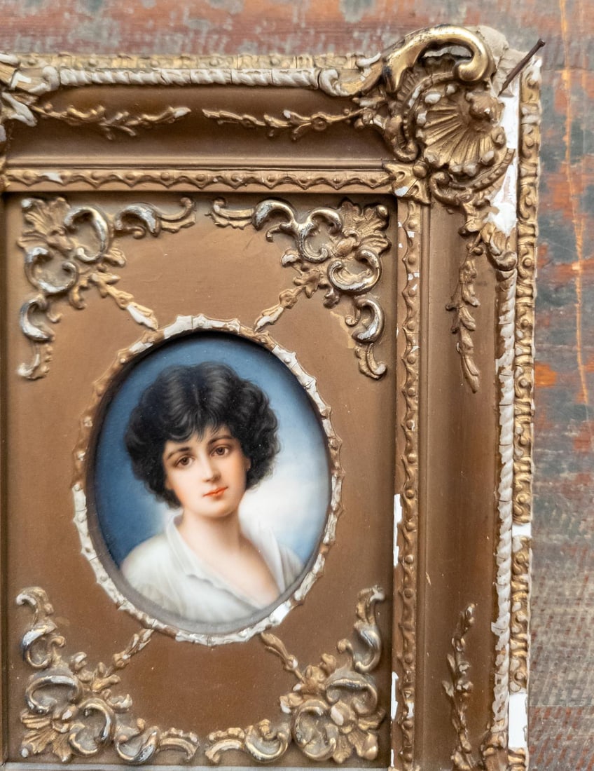 19th Century German Painted Porcelain Plaque Portrait of a Young Boy in Distressed Gold Frame - 5