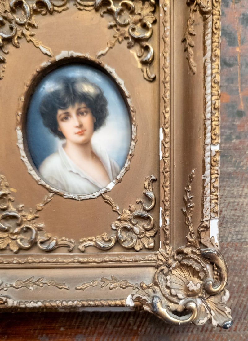 19th Century German Painted Porcelain Plaque Portrait of a Young Boy in Distressed Gold Frame - 6