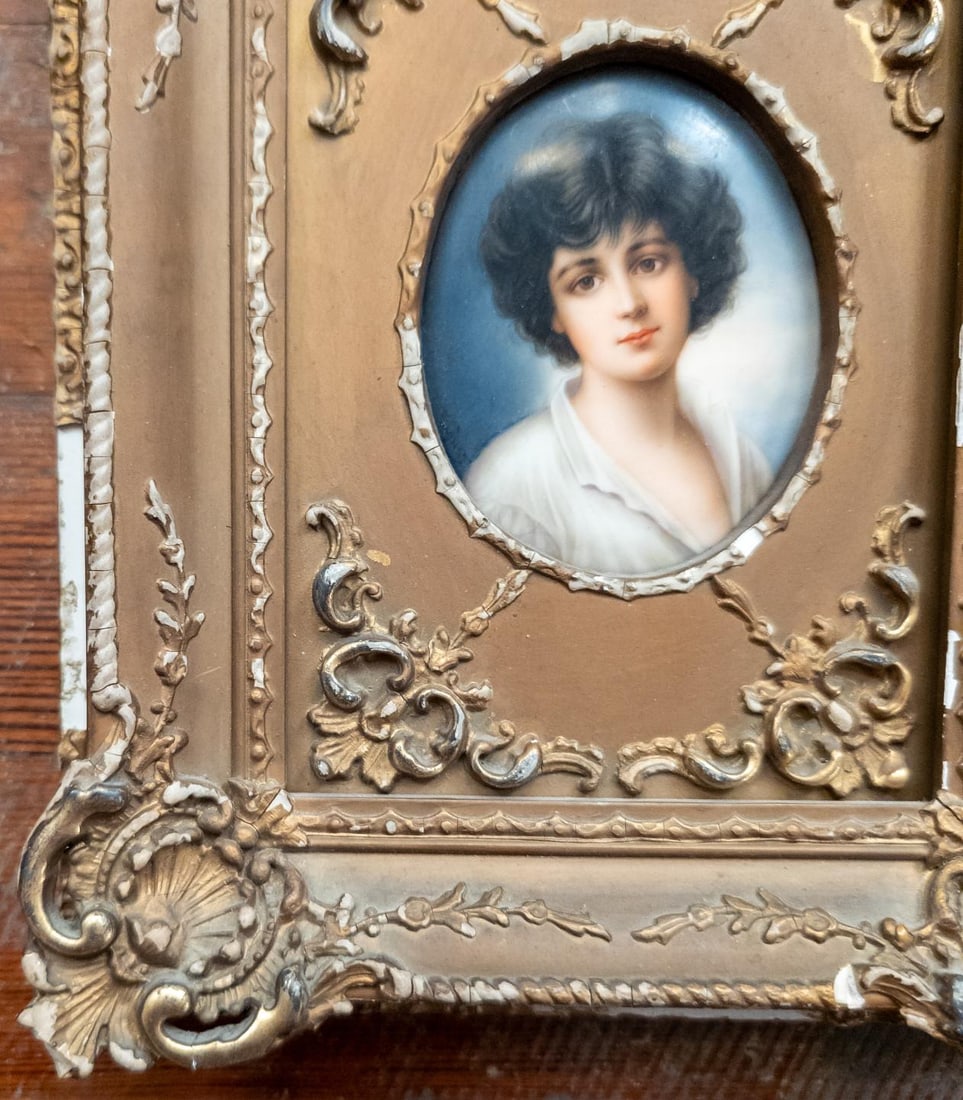 19th Century German Painted Porcelain Plaque Portrait of a Young Boy in Distressed Gold Frame - 7