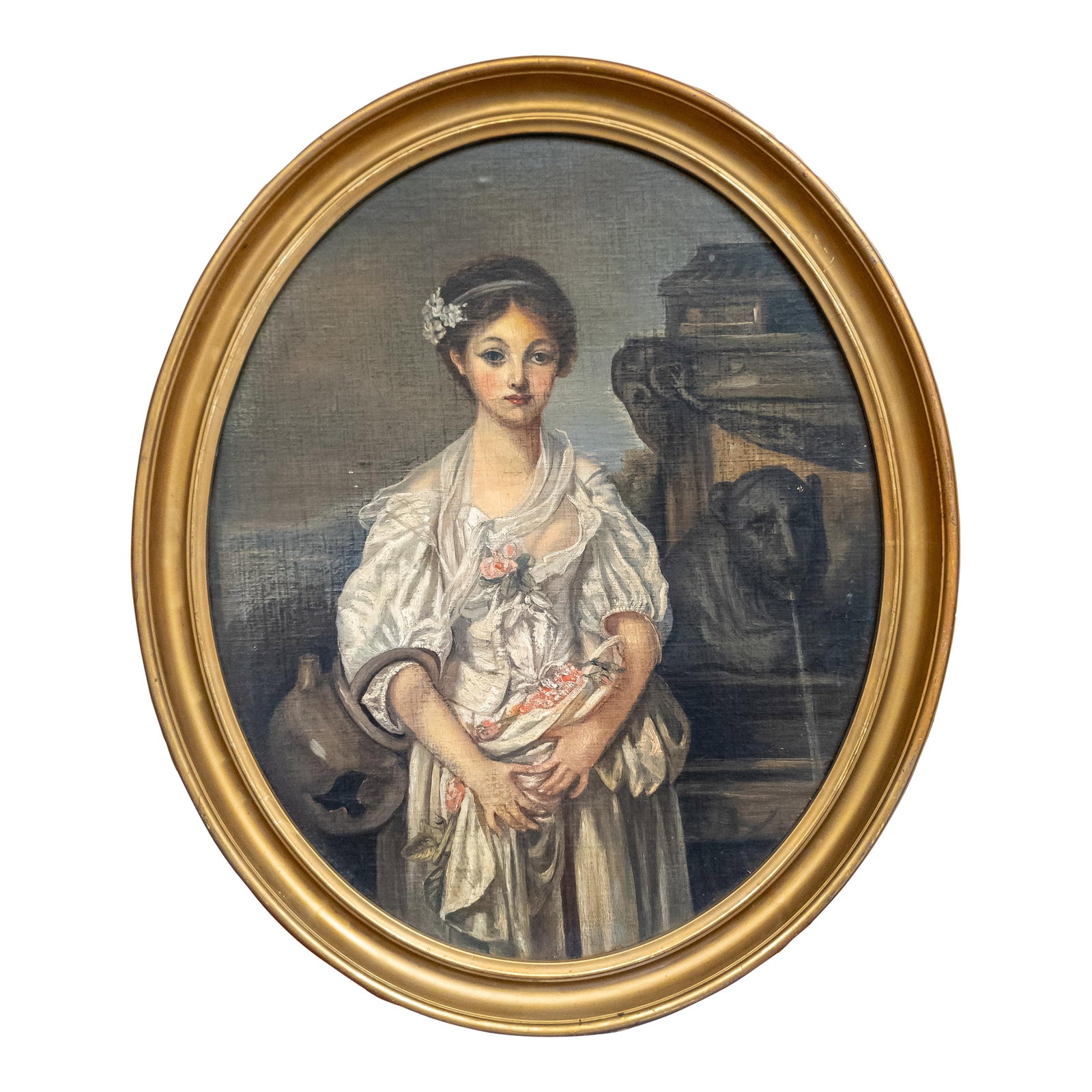19th Century European Italian Painting of a Tragic Sad Young Lady: We are selling this tragic and sad oil painting of a young girl. This painting features a central female figure holding a burdern draped in cloth while also carrying a broken vessel. This probably