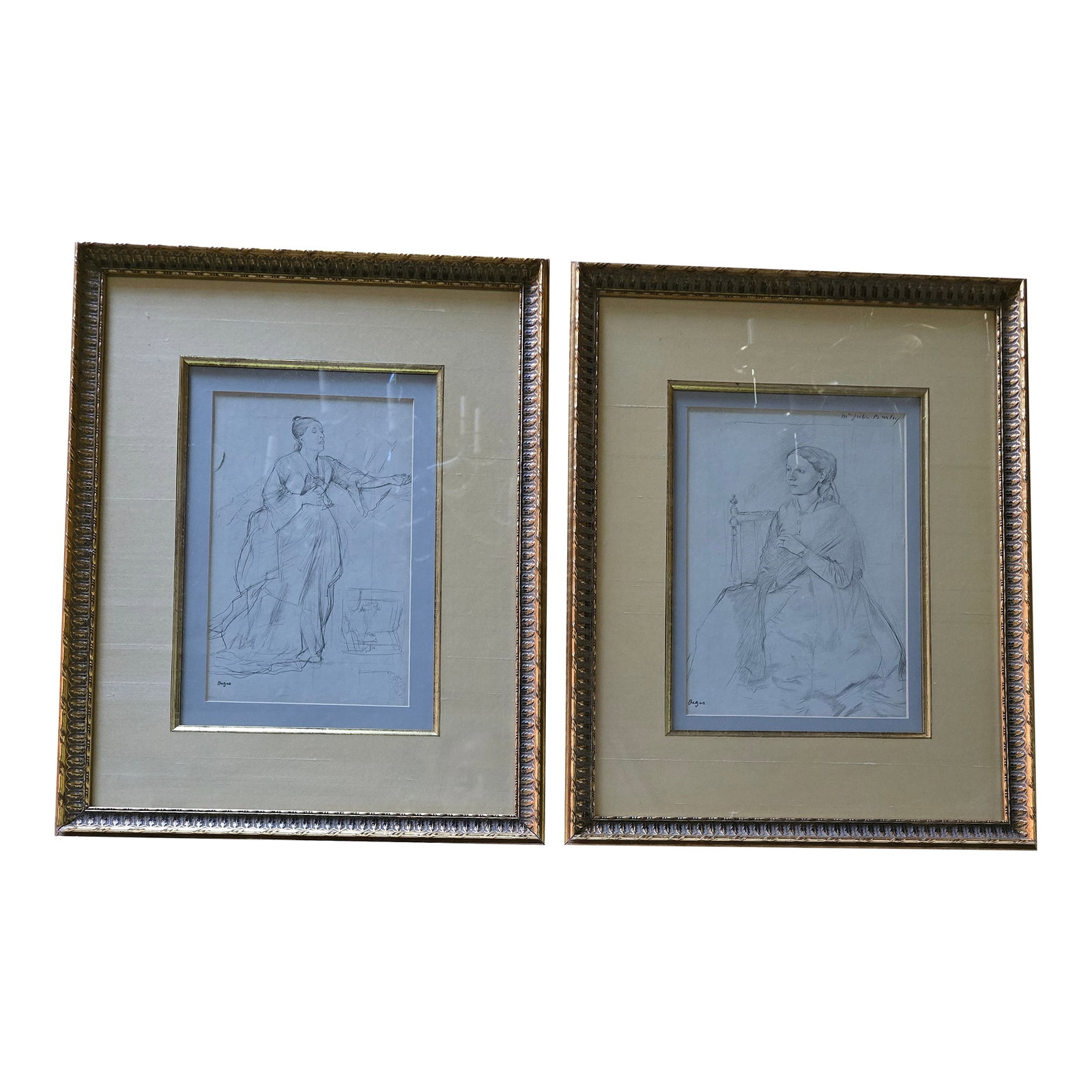 Vintage Mid Century Modern Pair Degas Style Prints: A vintage pair of degas style signed prints magnificently framed dating from the 1970s or earlier. Having museum quality gallery framing with interior gilt wood border around each art work perfectly