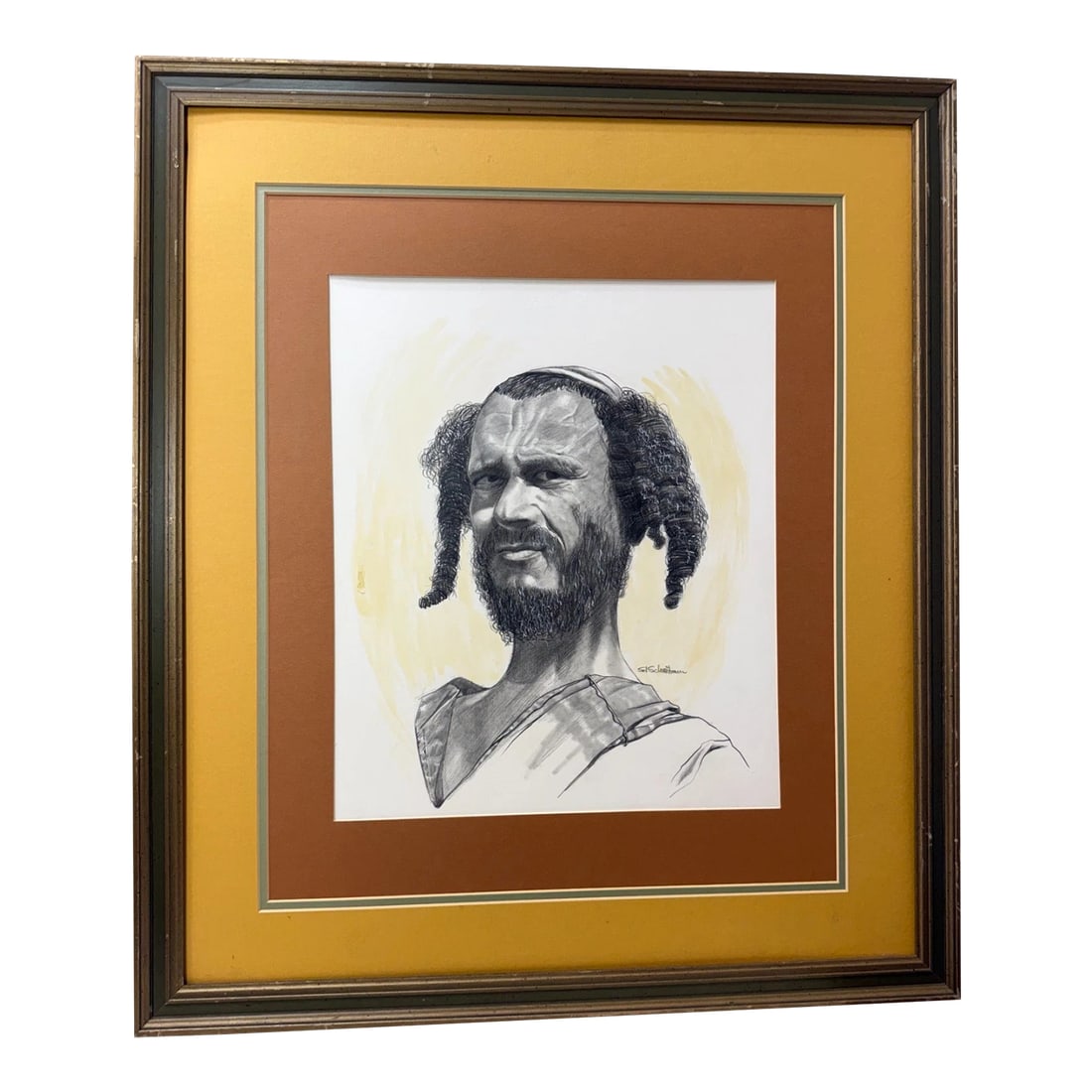 Vintage Original Sol Schreibman Jewish Rabbi Man Pencil Drawing Sketch Portrait: This large vintage original Sol Schreibman pencil drawing portrait depicts a Judaica Rabbi portrait of a man. The piece is signed by the artist on the side of the neck and features a hypo-realistic