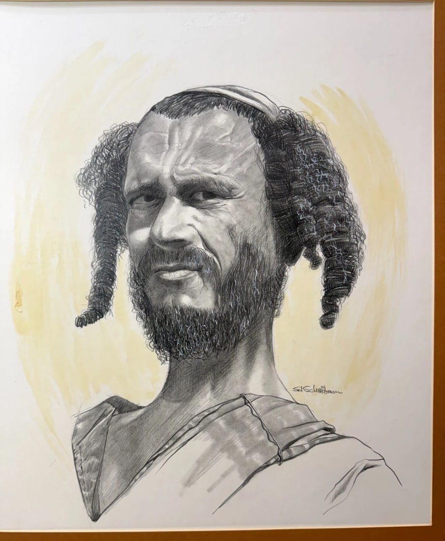 Vintage Original Sol Schreibman Jewish Rabbi Man Pencil Drawing Sketch Portrait - 3