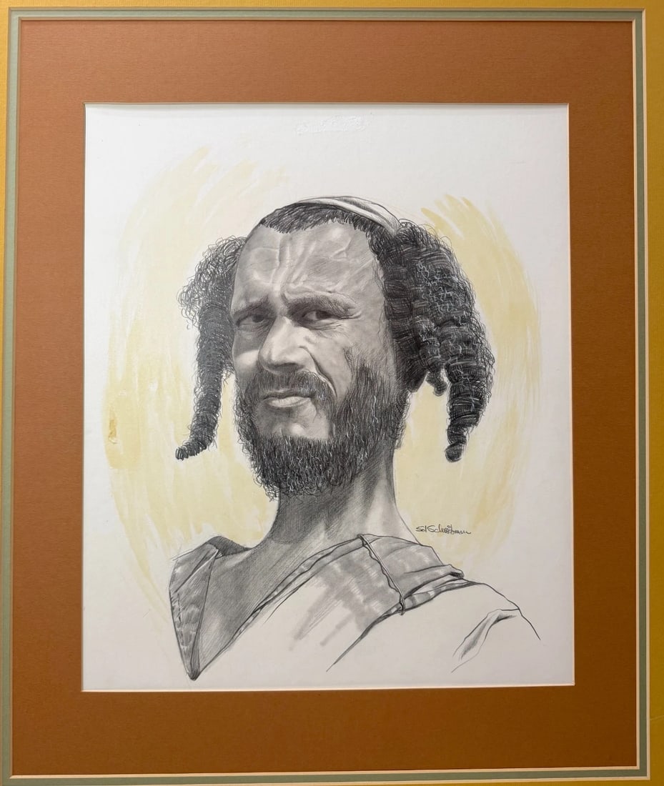 Vintage Original Sol Schreibman Jewish Rabbi Man Pencil Drawing Sketch Portrait - 7
