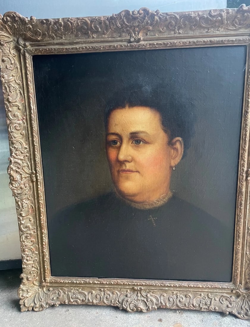 Antique Folk Art Lady Senator Henry Crouse Wife Woman Portrait Oil Painting Art - 2