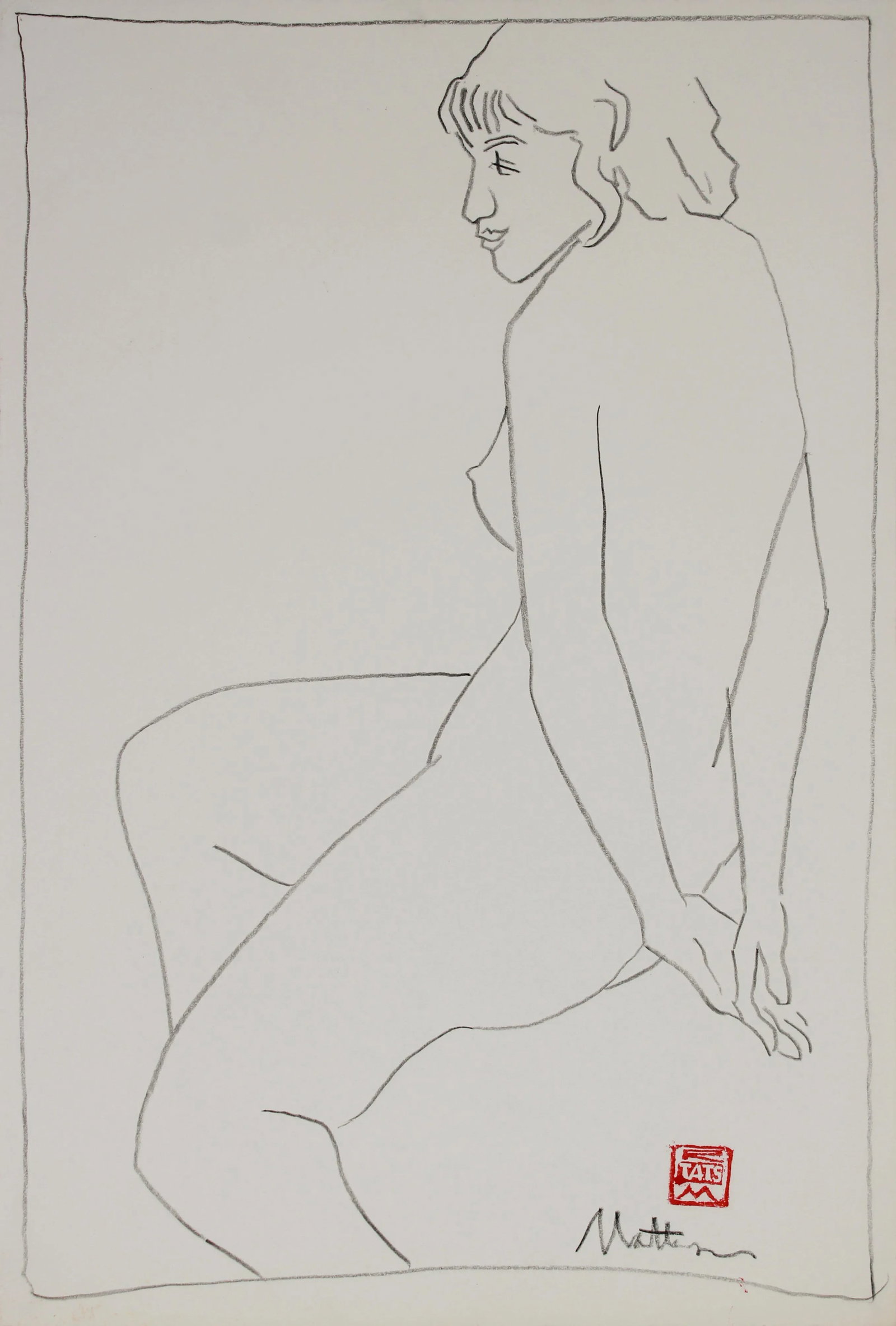 Minimal Seated Nude Drawing 20th Century Charcoal: This 20th century charcoal on paper nude drawing is by Oakland artist Rip Matteson (1920-2011). Matteson was educated at U.C. Berkeley, C.C.A.C, Scuola di Belle Arte in Rome, the Parsons School of