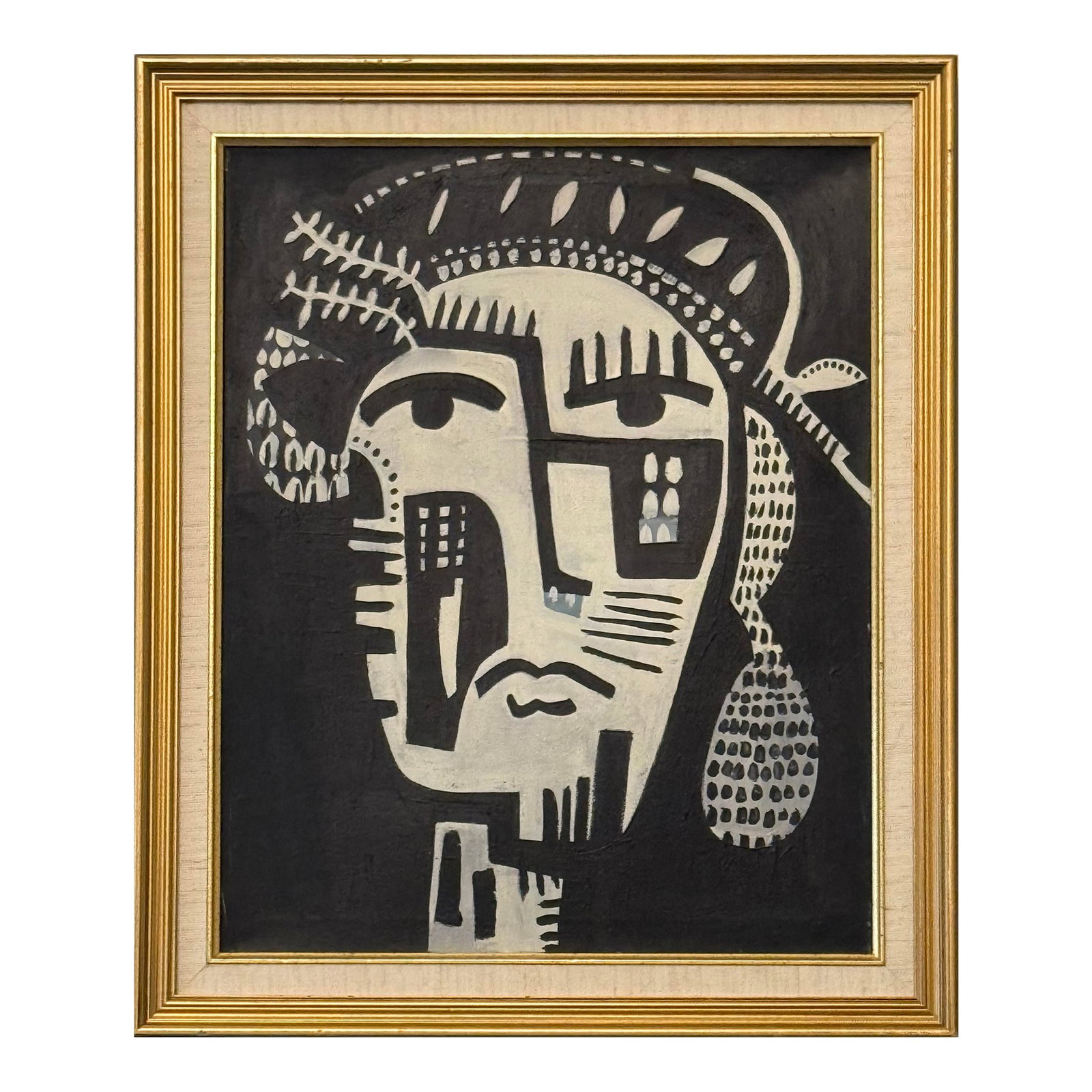 Original Contemporary Abstract Framed Portrait Painting: This abstract acrylic portrait painting is inspired by the mid-century masters. Framed in a vintage gold frame with linen trim, wired and ready to hang, 20 in. wide x 24 in. high Condition: