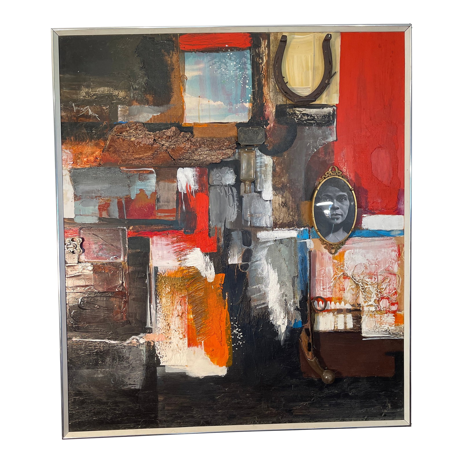 1980s Homage to Marian Anderson by Jonas Gerard, Photo Added and Replaceable as Intended by the Arti: Nice artwork by Jonas Gerard, 1980, large, photo added as the artist intended and it is replaceable for owners preference, mid century modern, abstract mixed media collage, his gallery and representat