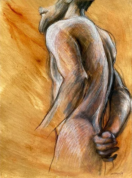 Contemporary Figurative Oil, Pastel and Charcoal Sketch: A mixed media life drawing and painting of the male figure drawn from life. This piece has several layers which give it drama, mystery and depth. The paper size is 18" x 24", on prepared paper. Gesso,