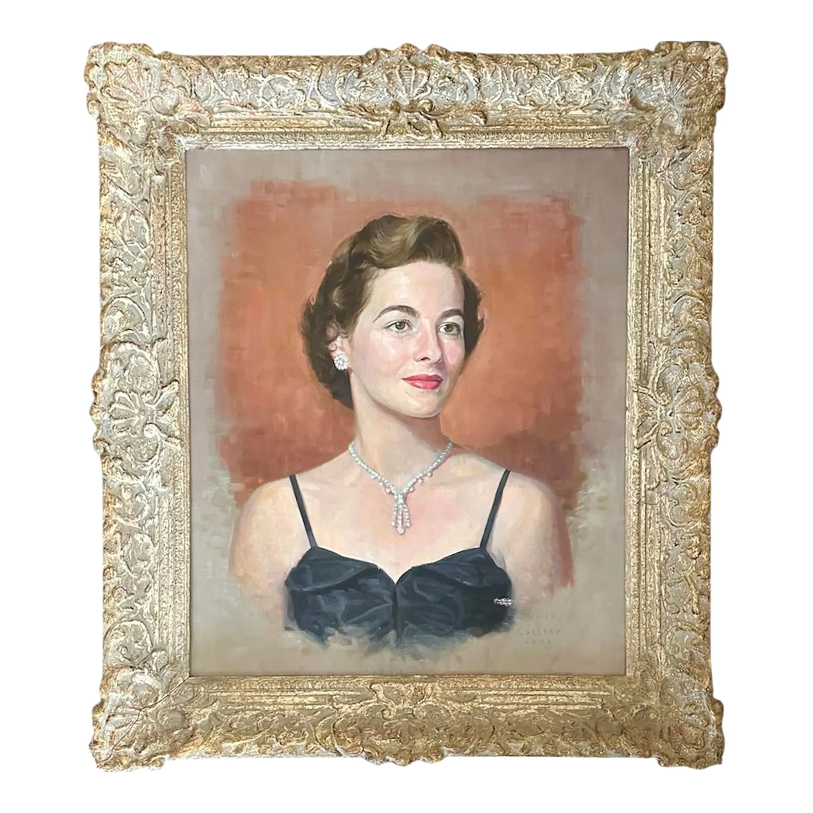 Vintage Mid Century/ Regency Original Society Oil Portrait on Canvas of Socialite Doris Campbell by: A stunning, Mid Century society oil portrait. Features socialite, Doris Campbell in a black gown and adorned with diamonds, set against a rust / terra cotta orange washed background. Gives me "Babe Pa