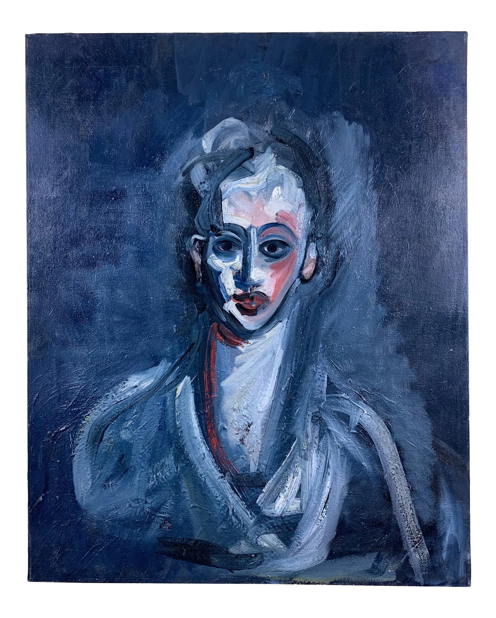 1990s Expressionist Style Figurative Oil Painting on Canvas: Exceptional oil painting on canvas of very intriguing subject of a man with great paint texture. Beautiful object of art for wall hanging. Frame is not included. Condition: Alterations: Original