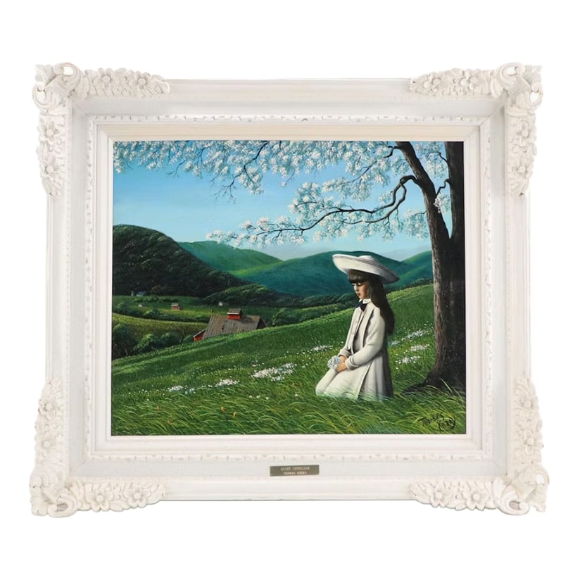 Mid 20th Century Thomas Kerry Framed Oil Painting on Board "Quiet Interlude": Thomas Kerry (New York, 20th/21st century) Quiet Interlude, late 20th century Oil painting on board Signed to lower right and to verso Titled inscribed to plaque to front of frame Thomas Kerry
