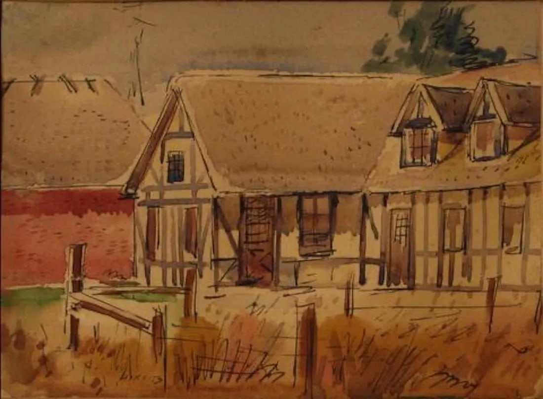 "Solvang House" 1930-60s, Ink & Watercolor on Paper: This 1930-60s ink and watercolor landscape of a farm house entitled Solvang House is by California artist Forrest Hibbits (1905-1996). Hibbits graduated from the California College of Arts and