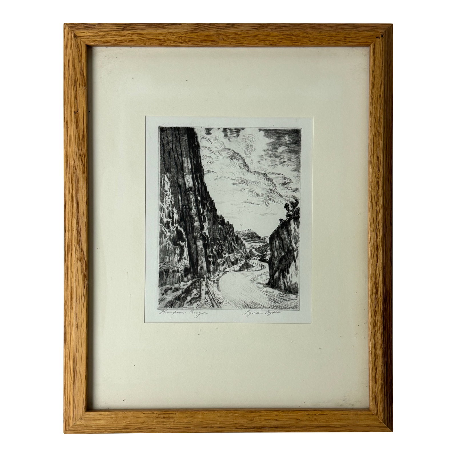 1920s Lyman Byxbe "Thompson Canyon" Original Etching, American Landscape Print: A striking original etching by Lyman Byxbe, this work portrays the dramatic vertical rock walls and winding river of Thompson Canyon, likely inspired by the Colorado Front Range. Strong contrasts betw