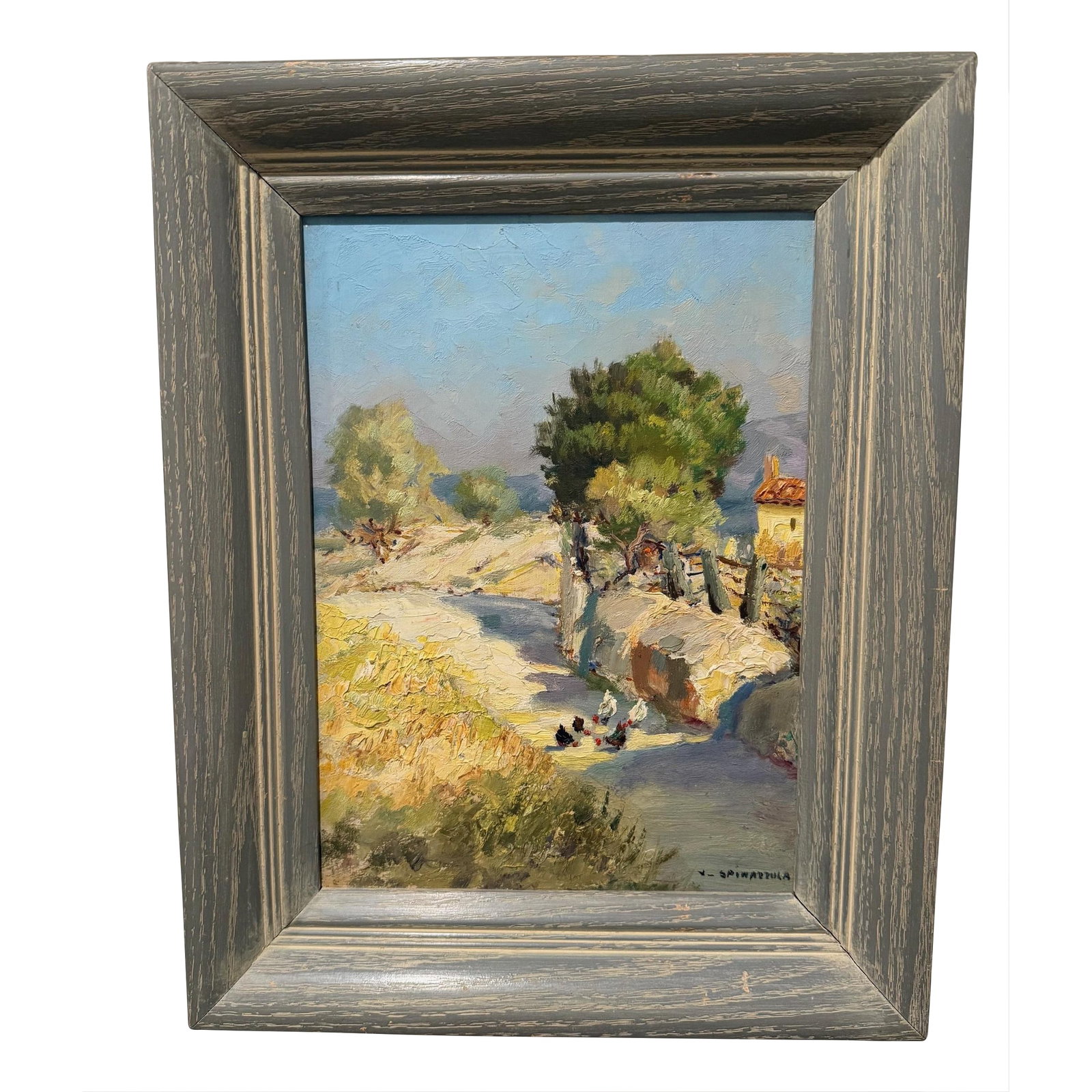 Country Scene With Chickens - Vincent Spinazzola: Country Scene with Chickens, oil on board. Vincent Spinazzola (19th/20th century). 9" wide x 12" tall. Condition: Alterations: Original Condition Unaltered Imperfections: Some Imperfections Condition