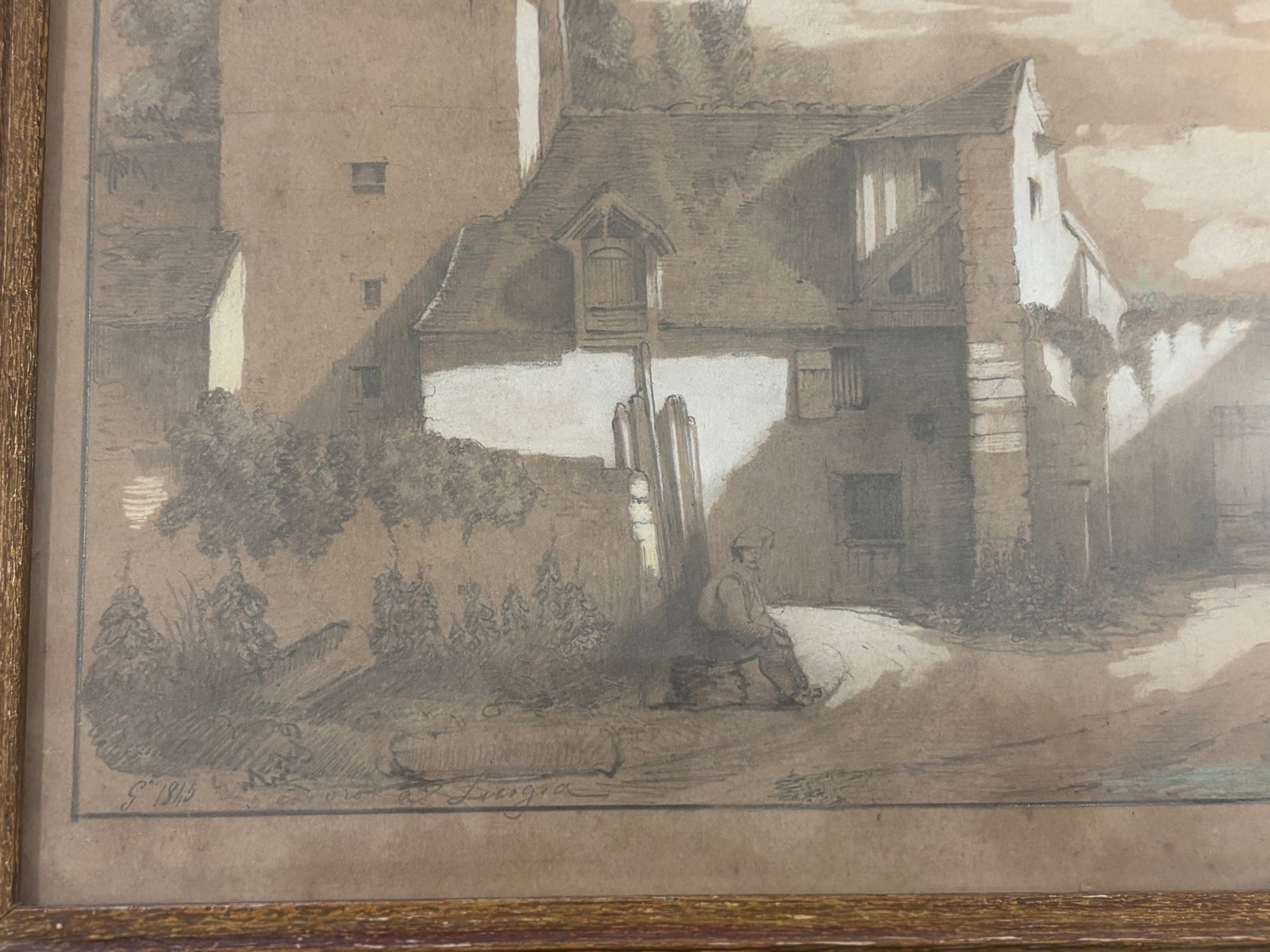 19th Century European Sepia Wash Architectural Landscape Drawing in Pencil & Chalk, Framed - 12