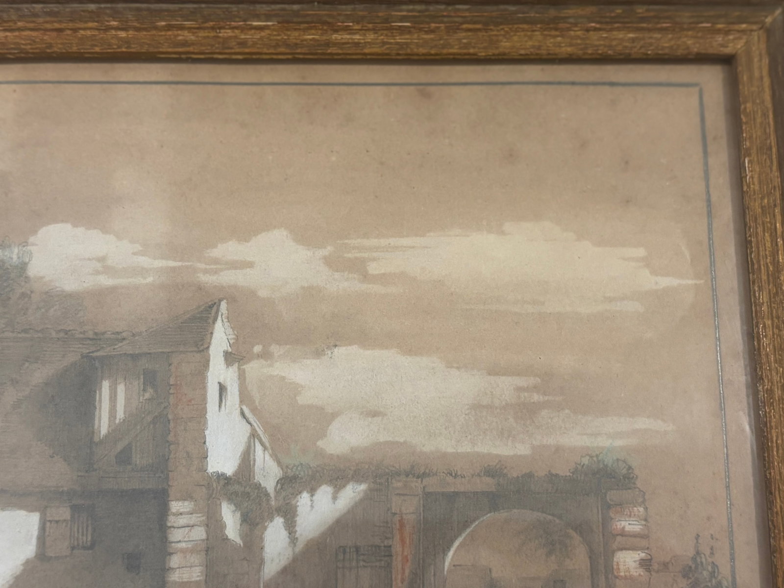 19th Century European Sepia Wash Architectural Landscape Drawing in Pencil & Chalk, Framed - 13