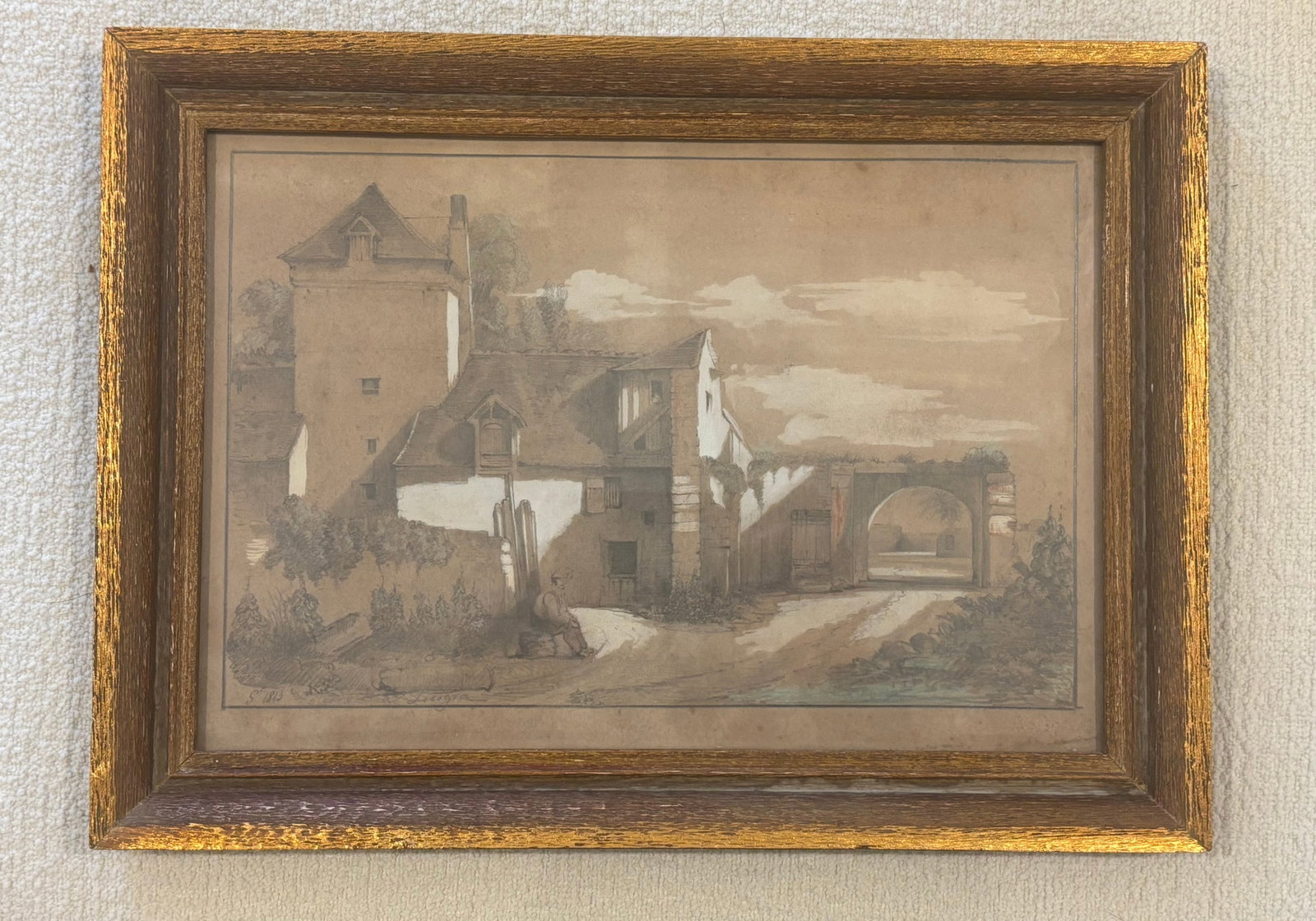 19th Century European Sepia Wash Architectural Landscape Drawing in Pencil & Chalk, Framed - 14