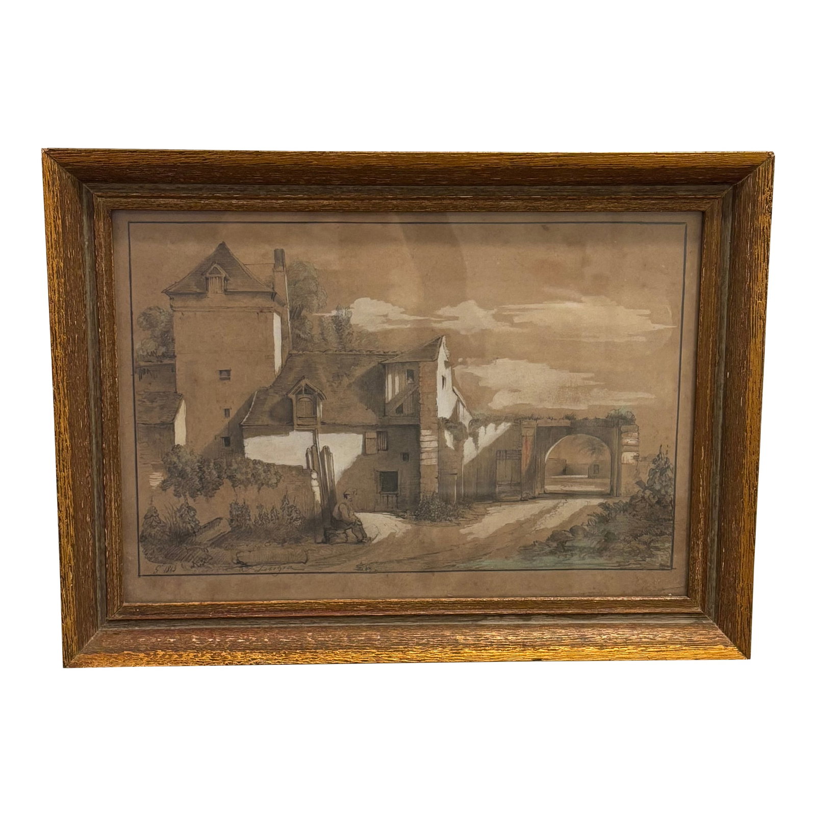 19th Century European Sepia Wash Architectural Landscape Drawing in Pencil & Chalk, Framed: Lovely 19th Century Sepia Wash Architectural Landscape Drawing The scene depicts a rustic village street with a tower, arched stone gateway and a seated figure in rural dress. MAKER'S MARK: Signed