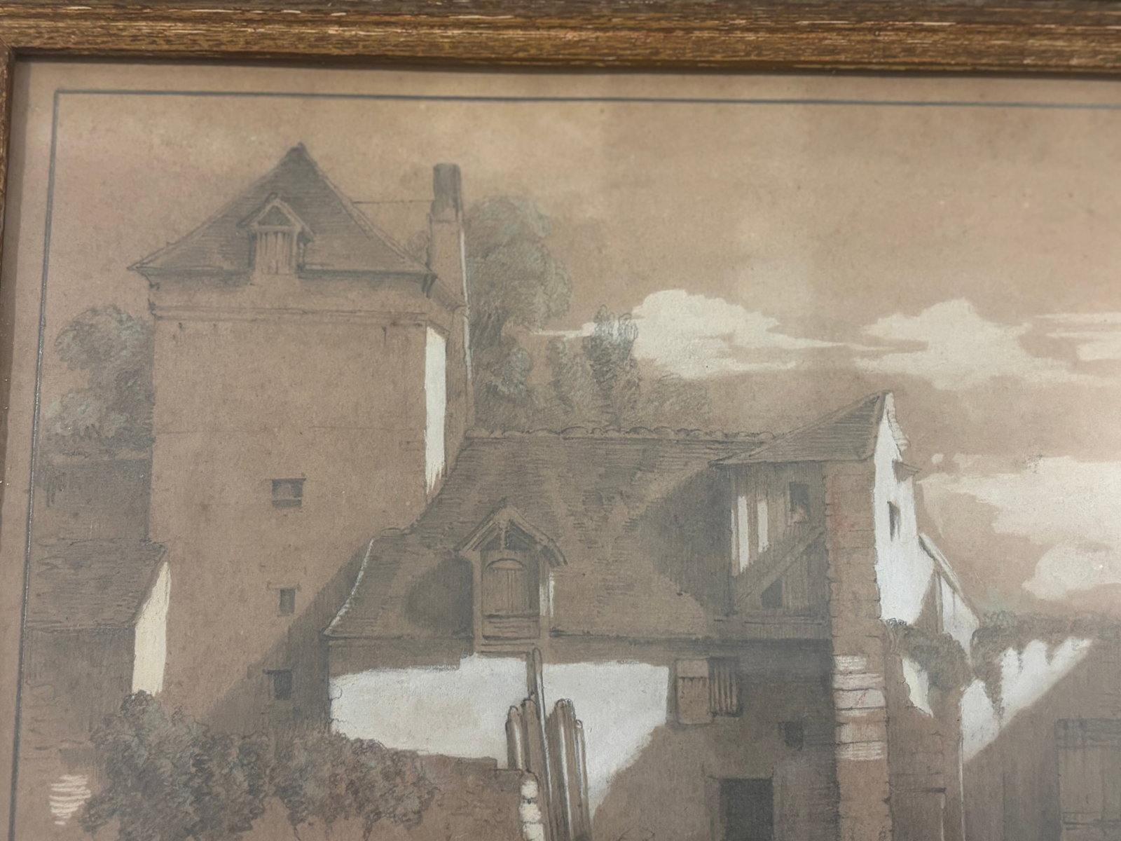 19th Century European Sepia Wash Architectural Landscape Drawing in Pencil & Chalk, Framed - 4