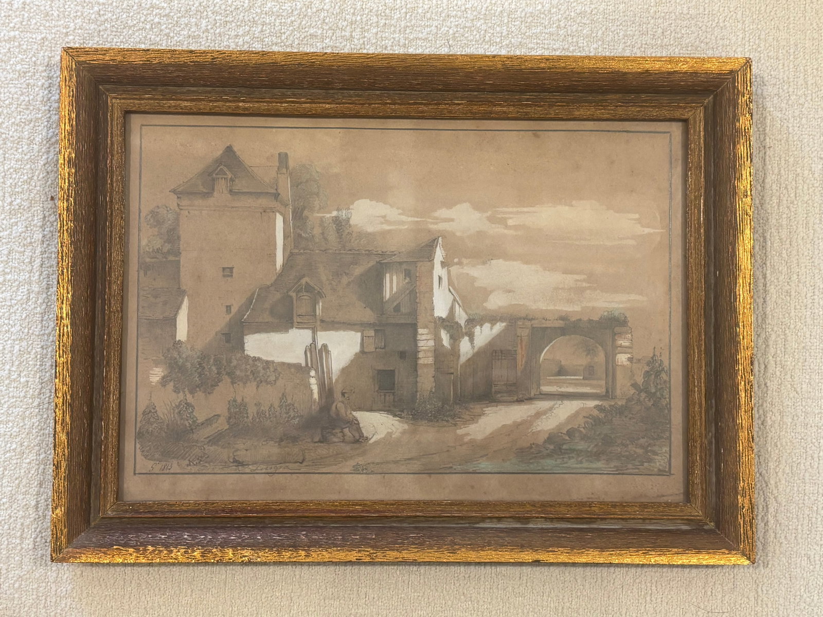 19th Century European Sepia Wash Architectural Landscape Drawing in Pencil & Chalk, Framed - 5