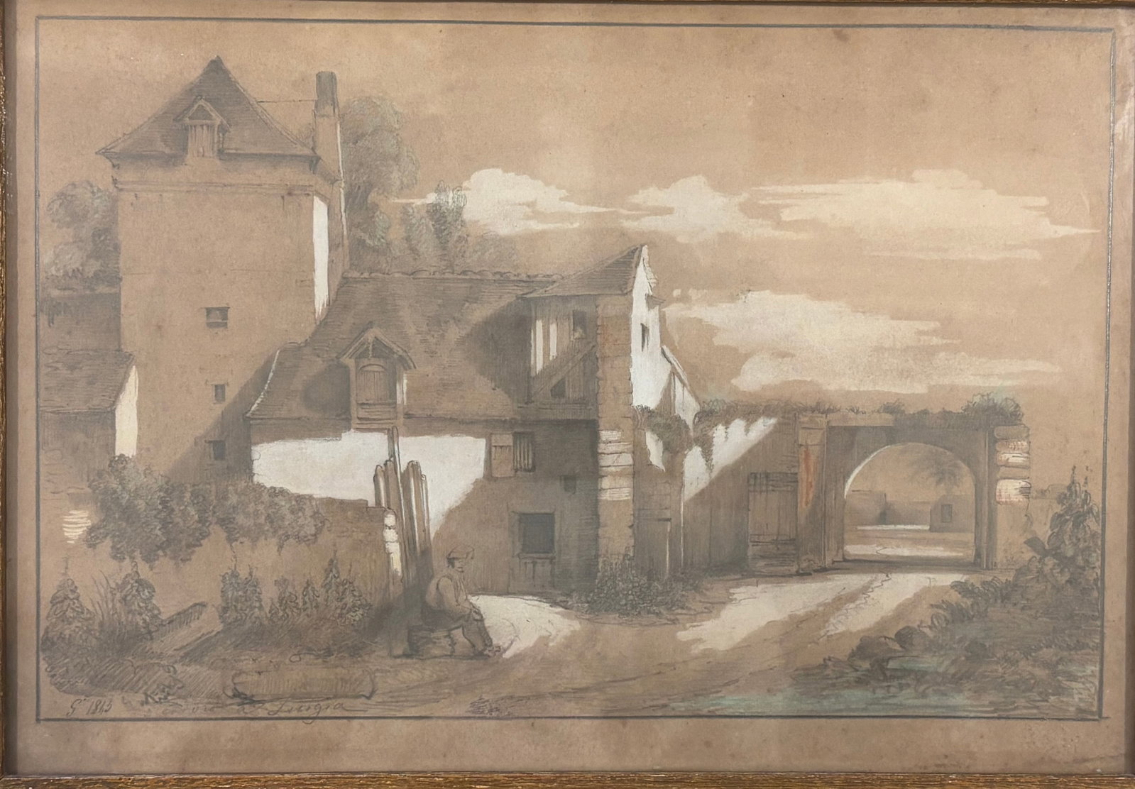 19th Century European Sepia Wash Architectural Landscape Drawing in Pencil & Chalk, Framed - 6