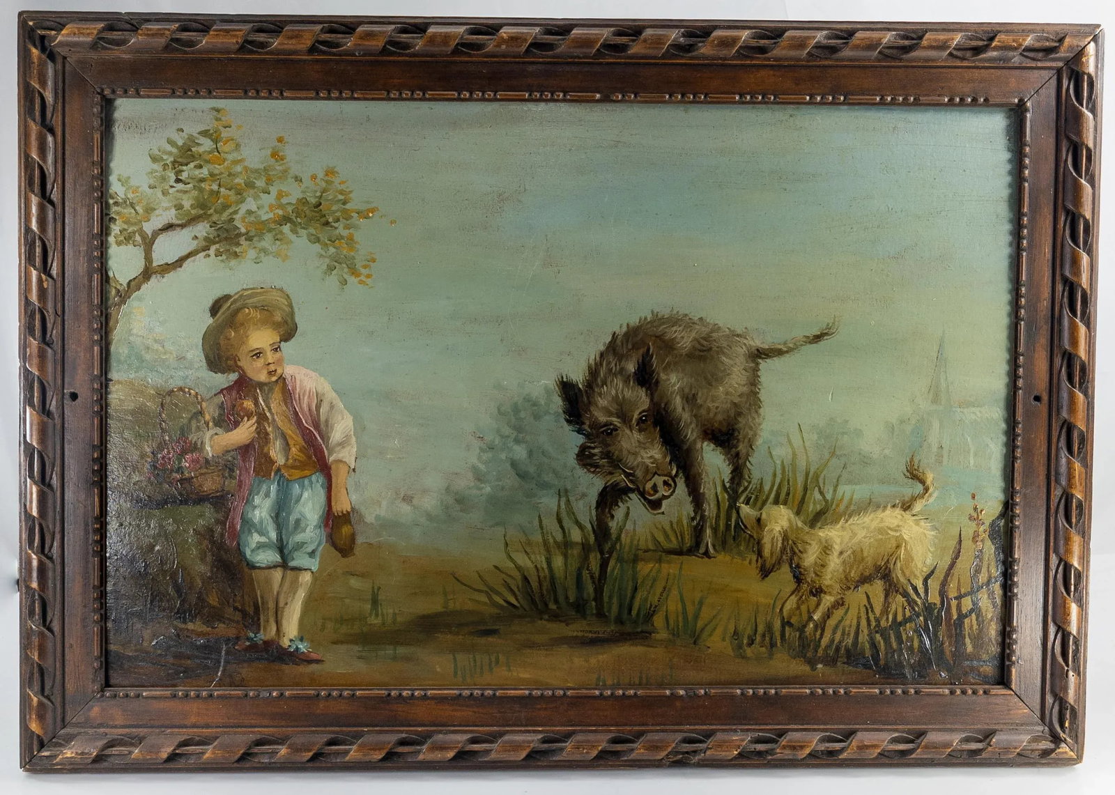 Antique French Genre Scene Oil Painting With Baroque Wood Frame - 13