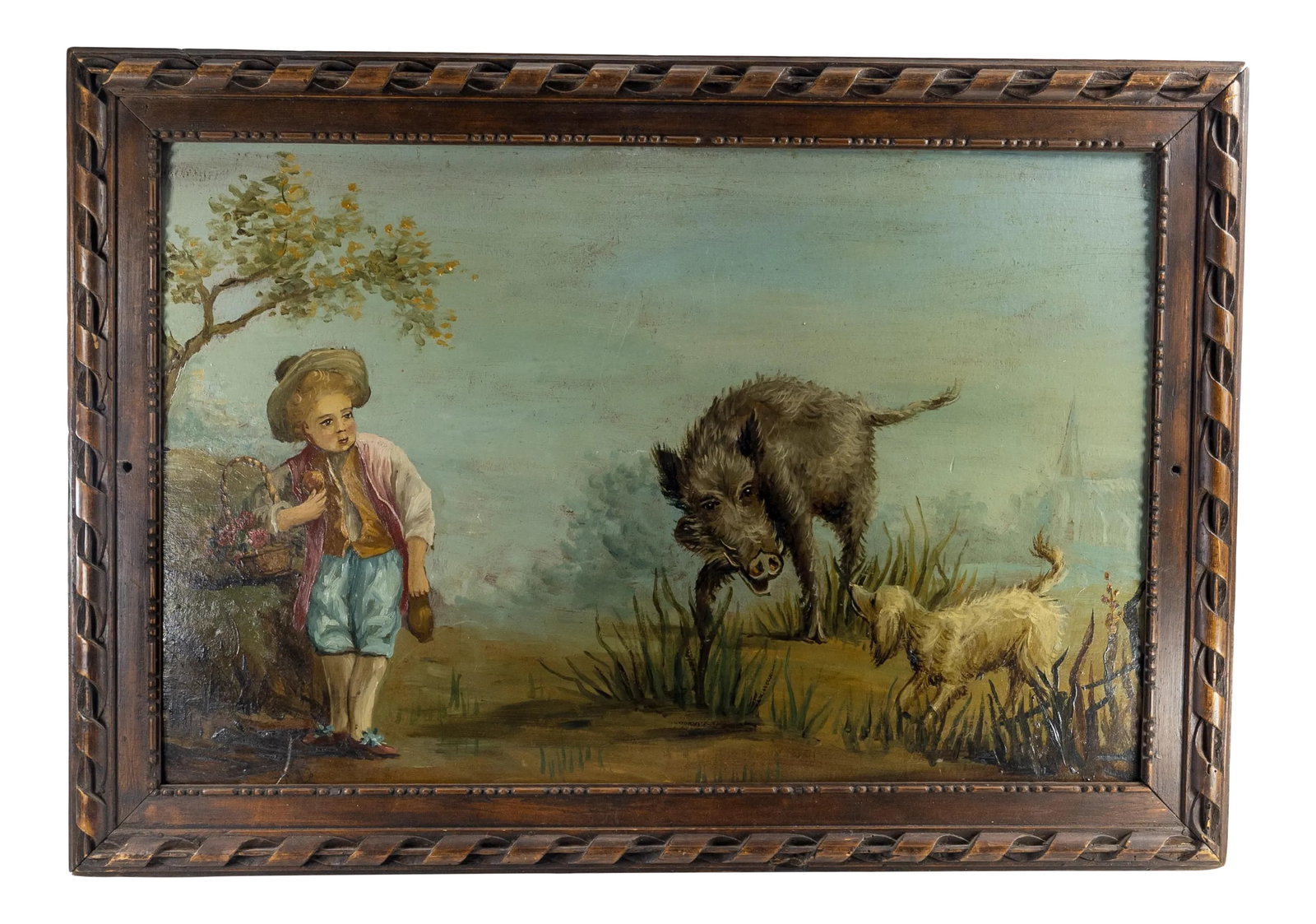 Antique French Genre Scene Oil Painting With Baroque Wood Frame: We are selling this charming oil painting in a great Baroque wood frame. The simple painting is executed in oil on cardboard panel and features a young boy with a basket of flowers with his dog being 