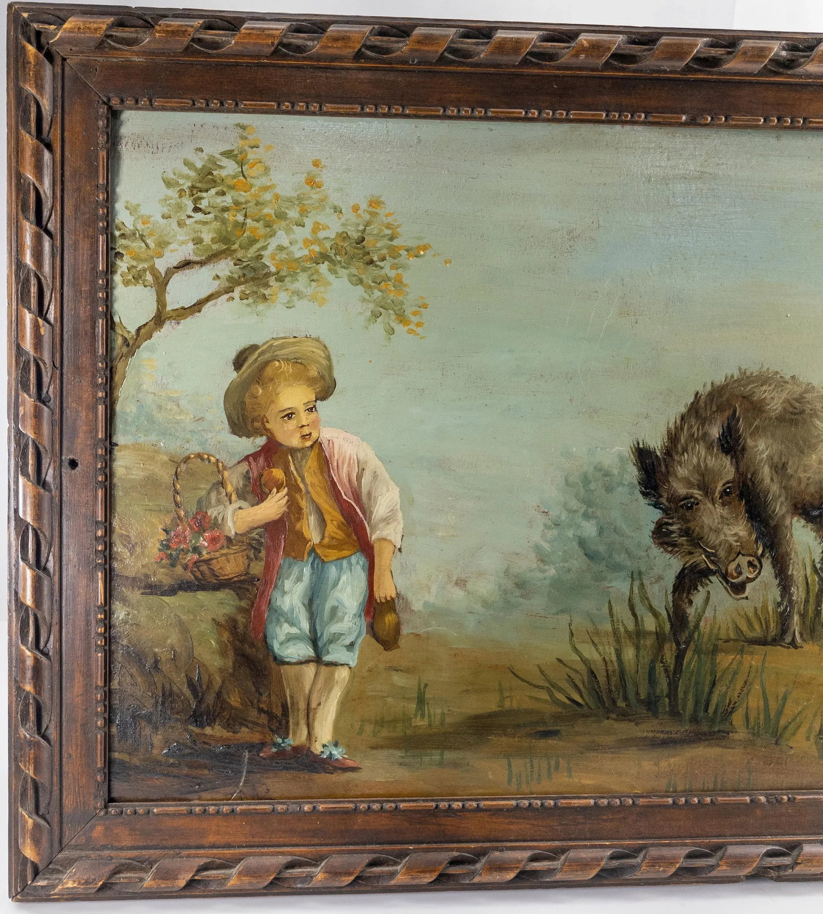 Antique French Genre Scene Oil Painting With Baroque Wood Frame - 2
